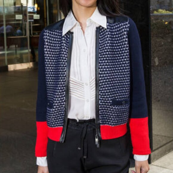 Club Monaco Italian Wool Blend Leather Zip Up Cardigan M/L - Picture 11 of 12